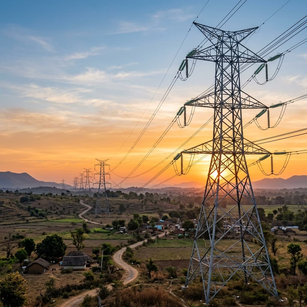 Power transmission tower during sunset